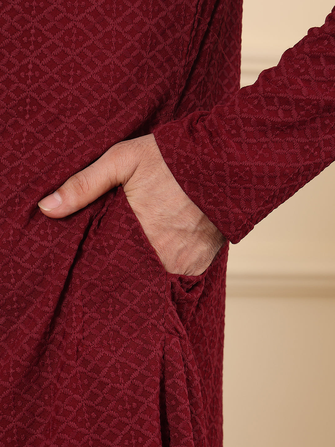 Men's Long Sleeve Mandarin Collar Rayon Silk Straight Classic Red Chikankari Kurta | SHOBITAM