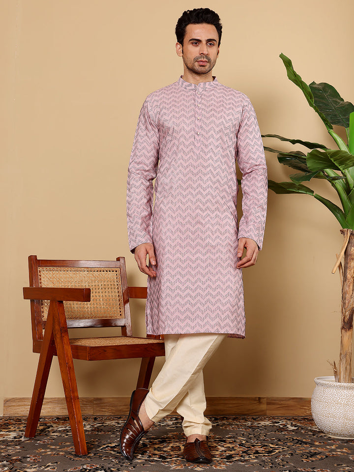 Men's Long Sleeve Mandarin Collar Elegant Pink Straight Cotton Kurta with Embroidery | SHOBITAM