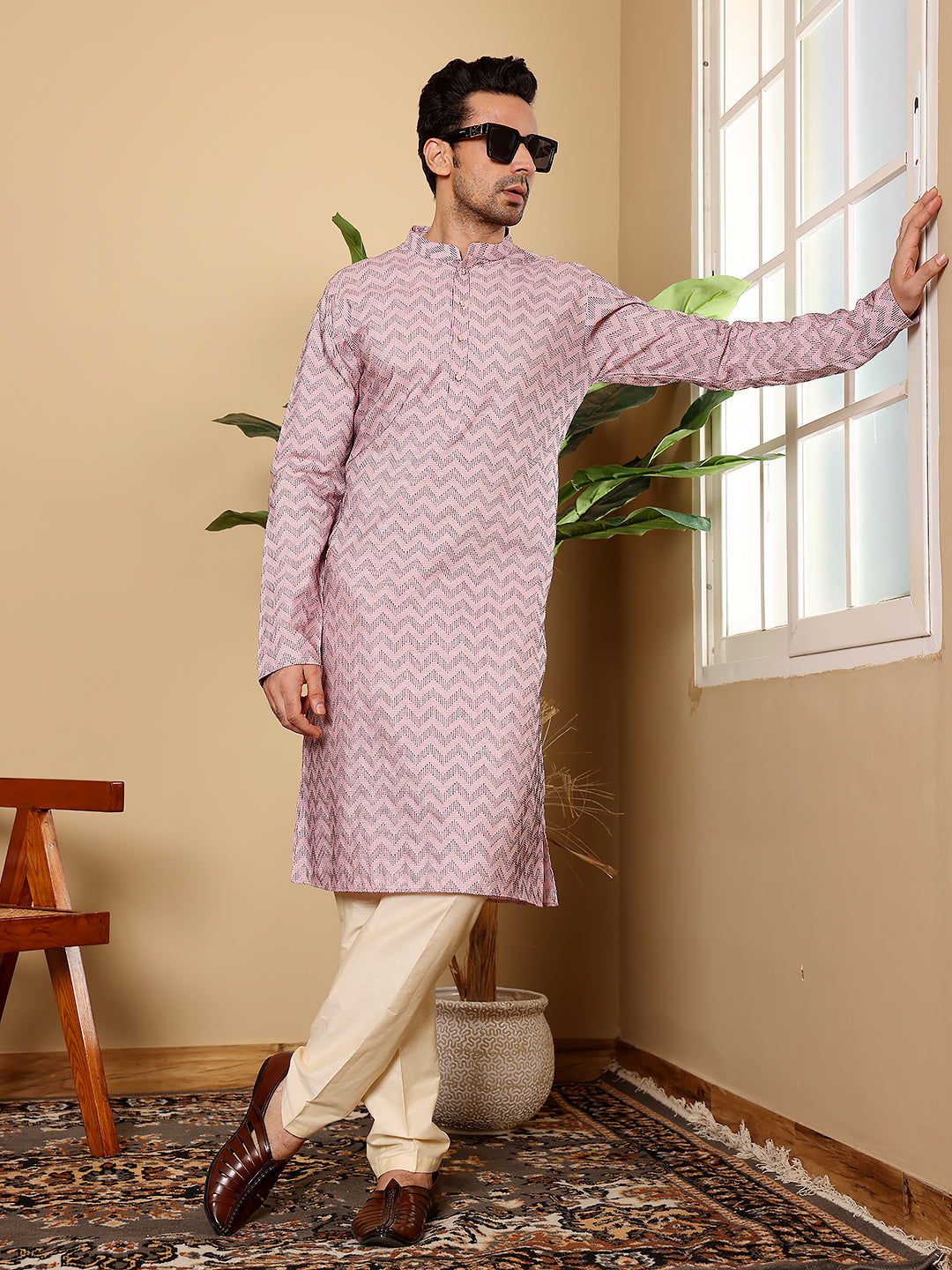 Men's Long Sleeve Mandarin Collar Elegant Pink Straight Cotton Kurta with Embroidery | SHOBITAM