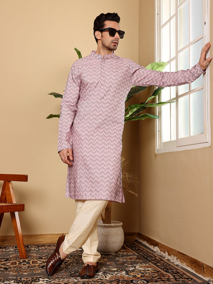 Men's Long Sleeve Mandarin Collar Elegant Pink Straight Cotton Kurta with Embroidery | SHOBITAM