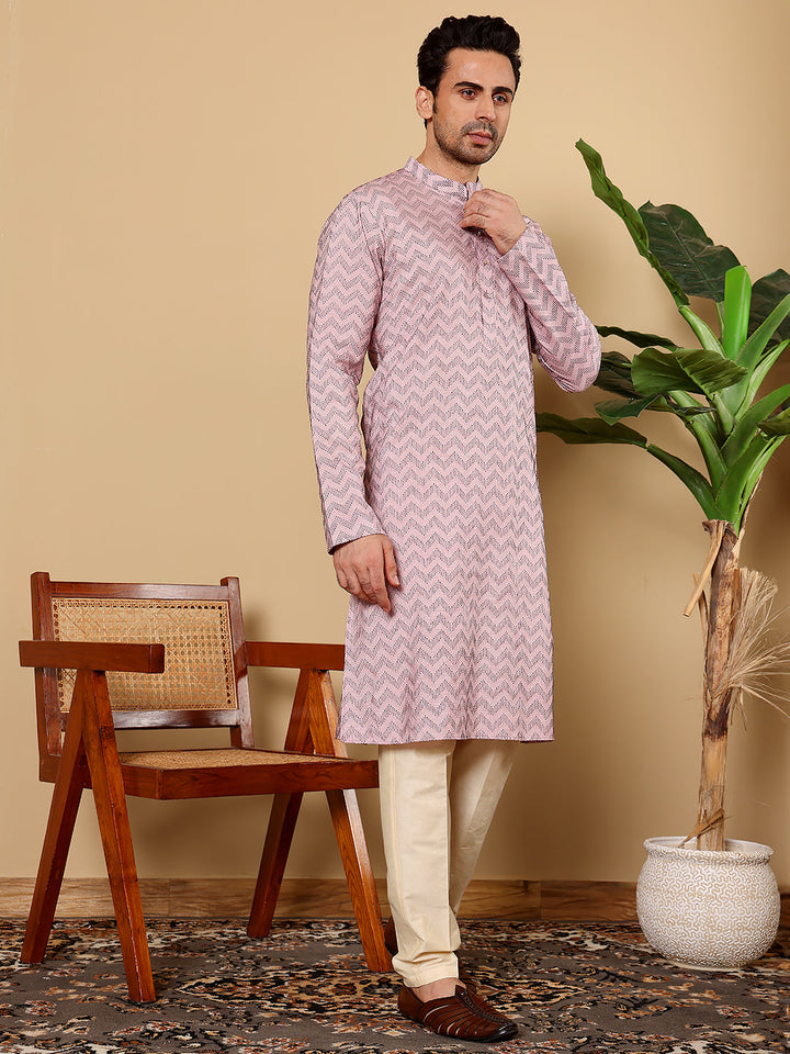 Men's Long Sleeve Mandarin Collar Elegant Pink Straight Cotton Kurta with Embroidery | SHOBITAM