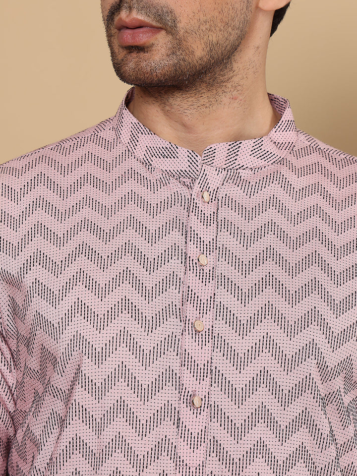 Men's Long Sleeve Mandarin Collar Elegant Pink Straight Cotton Kurta with Embroidery | SHOBITAM