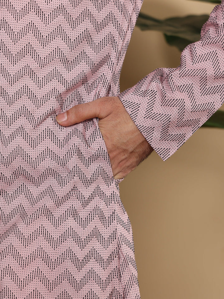 Men's Long Sleeve Mandarin Collar Elegant Pink Straight Cotton Kurta with Embroidery | SHOBITAM