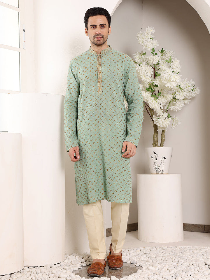 Men's Long Sleeve Mandarin Collar Elegant Sea Green Straight Cotton Kurta with Embroidery | SHOBITAM