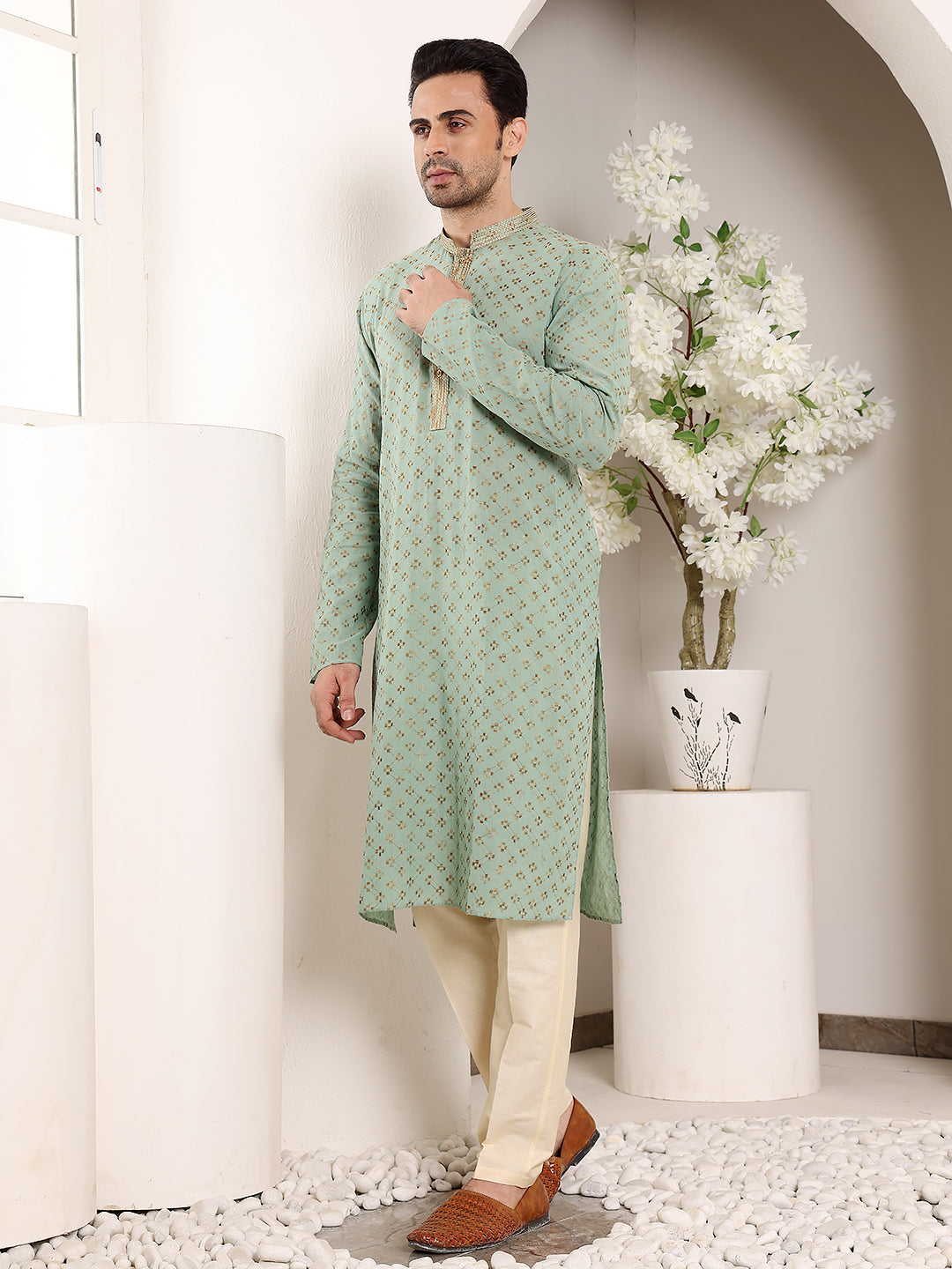Men's Long Sleeve Mandarin Collar Elegant Sea Green Straight Cotton Kurta with Embroidery | SHOBITAM