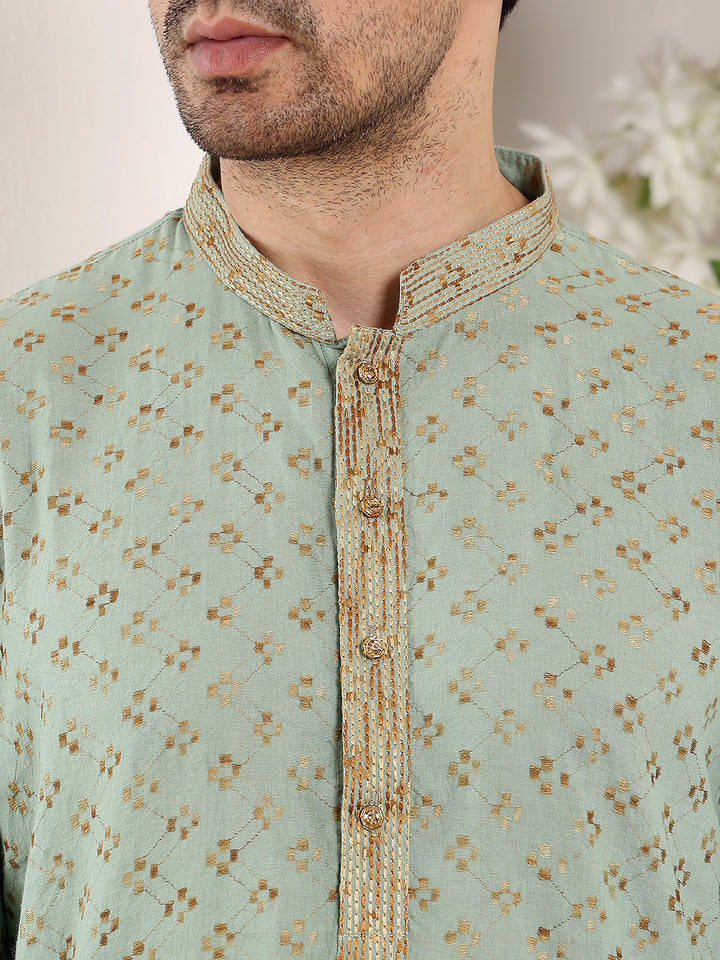 Men's Long Sleeve Mandarin Collar Elegant Sea Green Straight Cotton Kurta with Embroidery | SHOBITAM