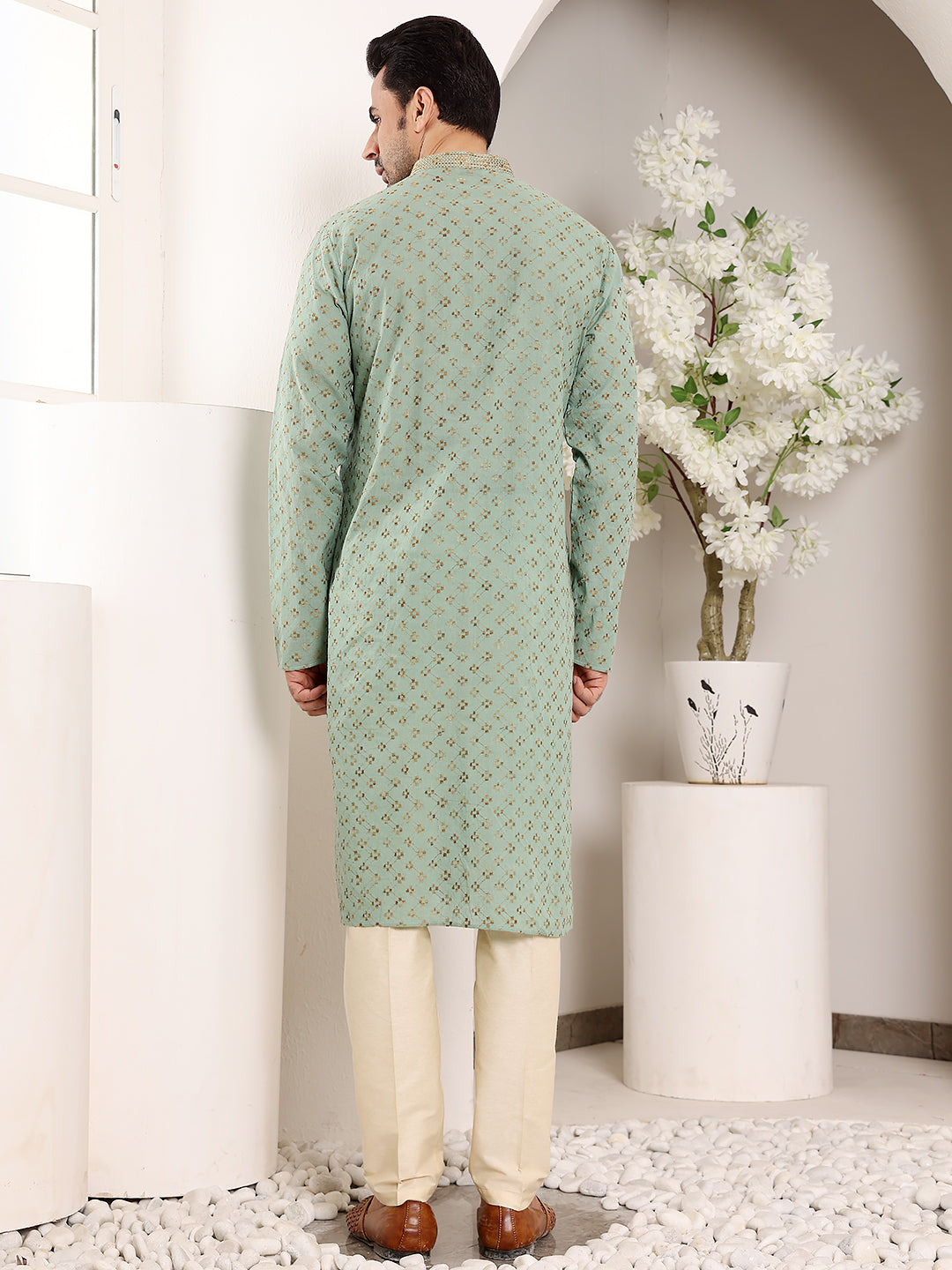 Men's Long Sleeve Mandarin Collar Elegant Sea Green Straight Cotton Kurta with Embroidery | SHOBITAM