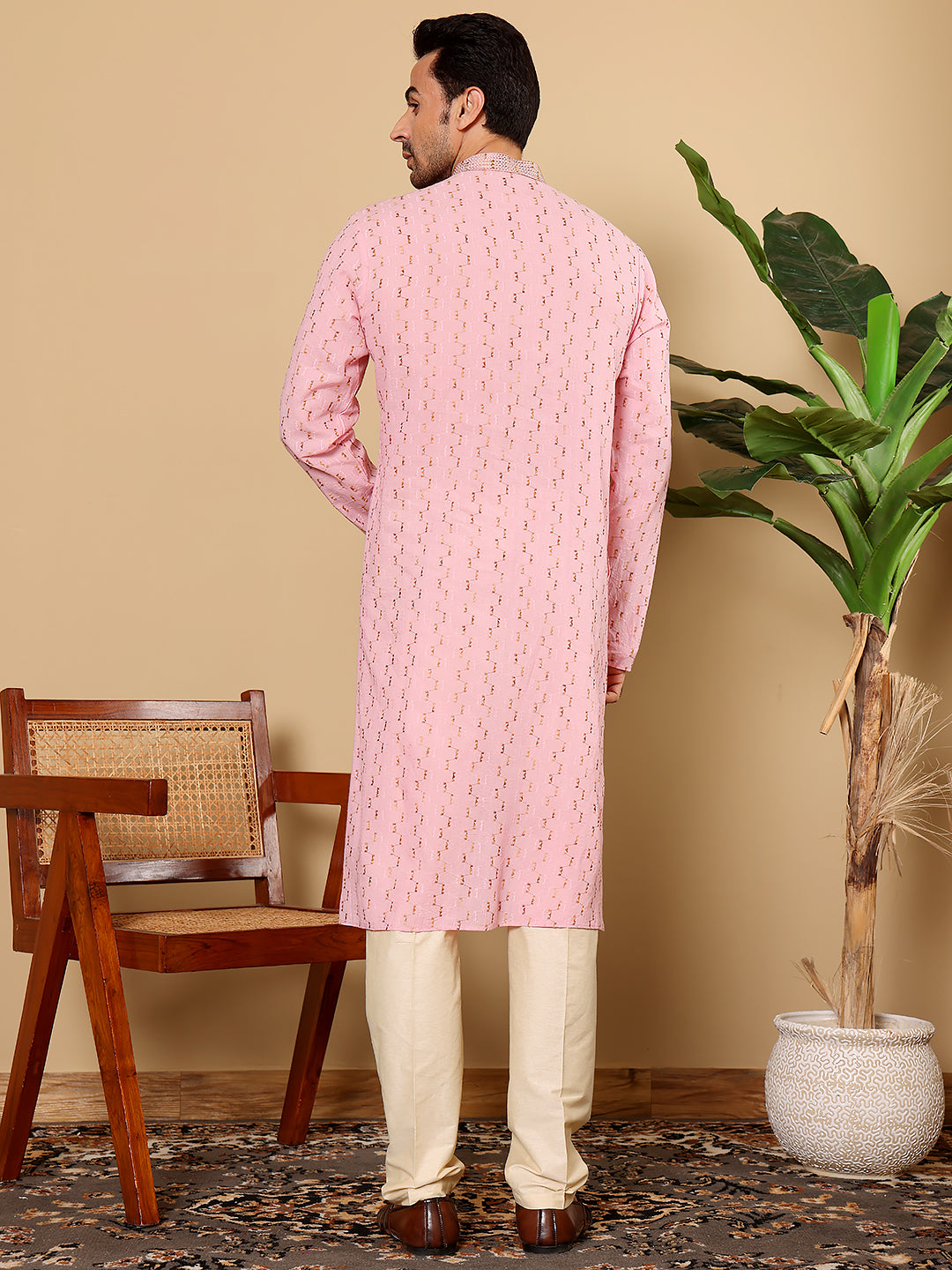 Men's Long Sleeve Mandarin Collar Elegant Pink Straight Cotton Kurta with Embroidery | SHOBITAM
