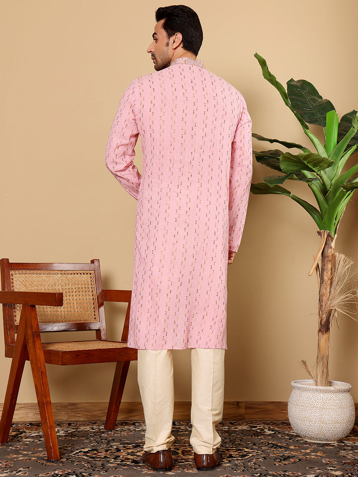 Men's Long Sleeve Mandarin Collar Elegant Pink Straight Cotton Kurta with Embroidery | SHOBITAM