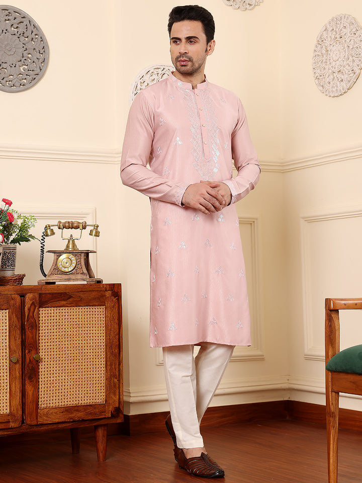 Men's Long Sleeve Mandarin Collar Pink Straight Viscose Silk Kurta with Embroidered Neckline and Motifs | SHOBITAM