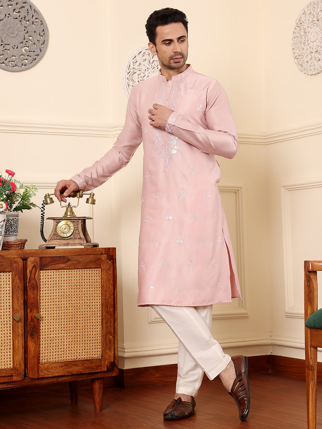 Men's Long Sleeve Mandarin Collar Pink Straight Viscose Silk Kurta with Embroidered Neckline and Motifs | SHOBITAM