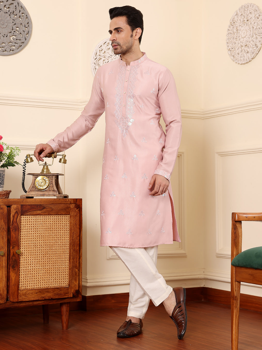 Men's Long Sleeve Mandarin Collar Pink Straight Viscose Silk Kurta with Embroidered Neckline and Motifs | SHOBITAM