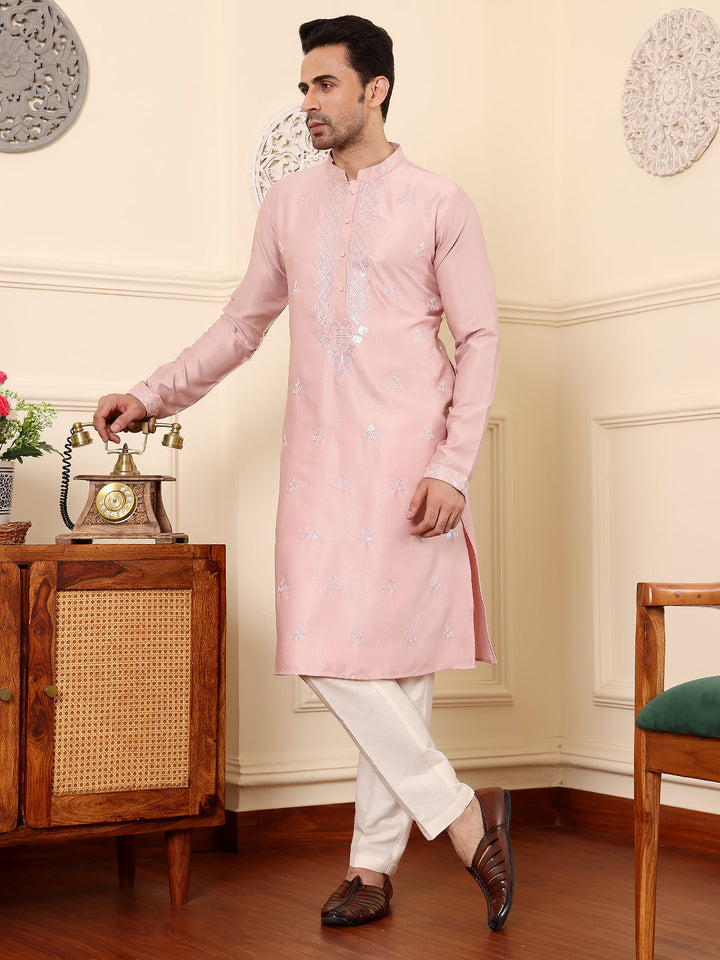 Men's Long Sleeve Mandarin Collar Pink Straight Viscose Silk Kurta with Embroidered Neckline and Motifs | SHOBITAM