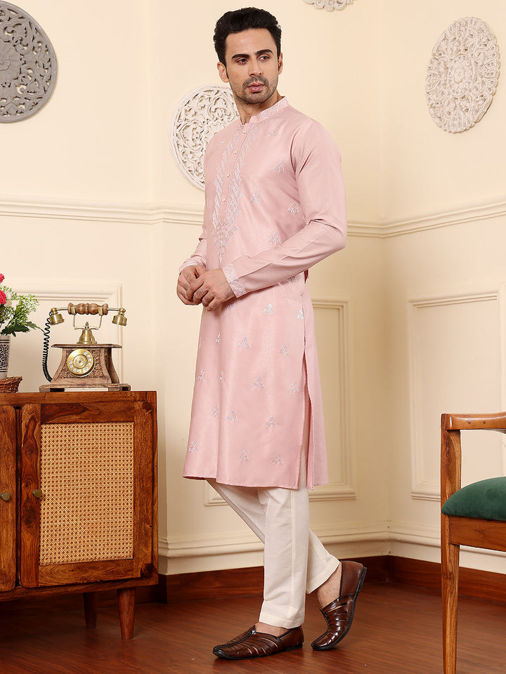 Men's Long Sleeve Mandarin Collar Pink Straight Viscose Silk Kurta with Embroidered Neckline and Motifs | SHOBITAM