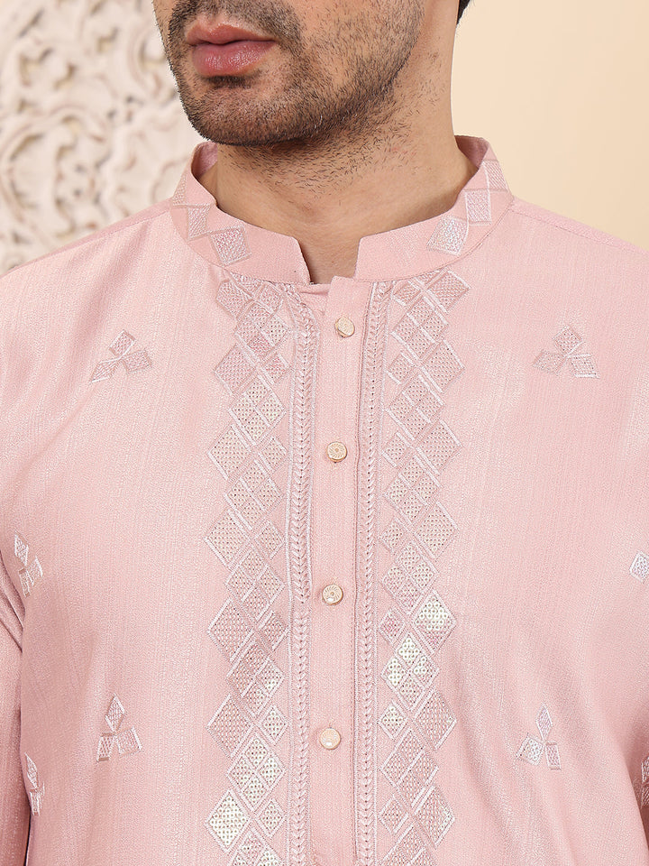 Men's Long Sleeve Mandarin Collar Pink Straight Viscose Silk Kurta with Embroidered Neckline and Motifs | SHOBITAM
