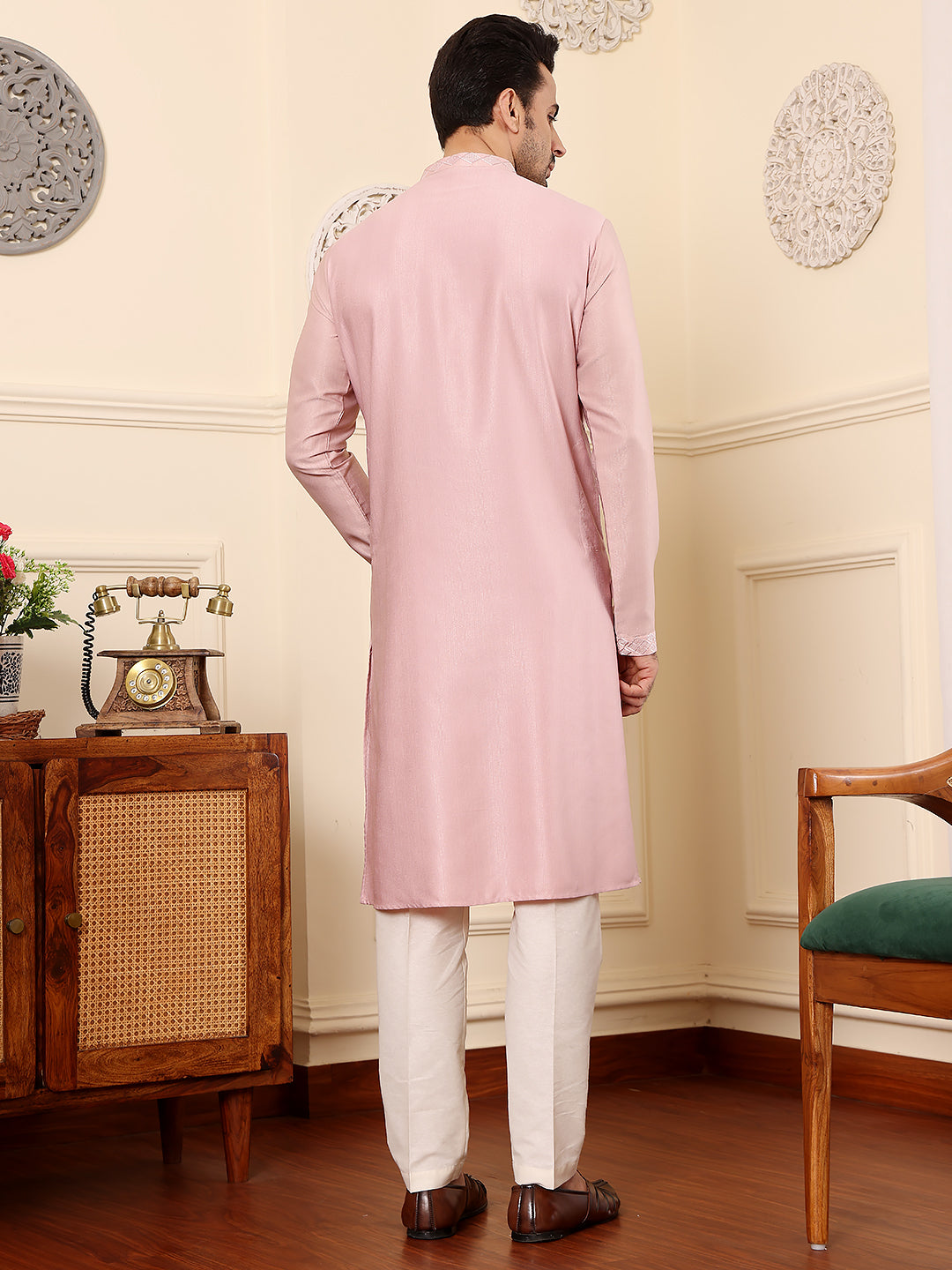 Men's Long Sleeve Mandarin Collar Pink Straight Viscose Silk Kurta with Embroidered Neckline and Motifs | SHOBITAM