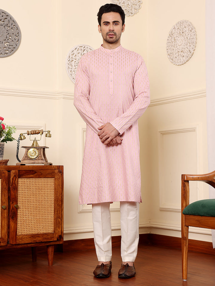 Men's Long Sleeve Mandarin Collar Pink Straight Viscose Silk Kurta with Embroidered Neckline and Motifs | SHOBITAM