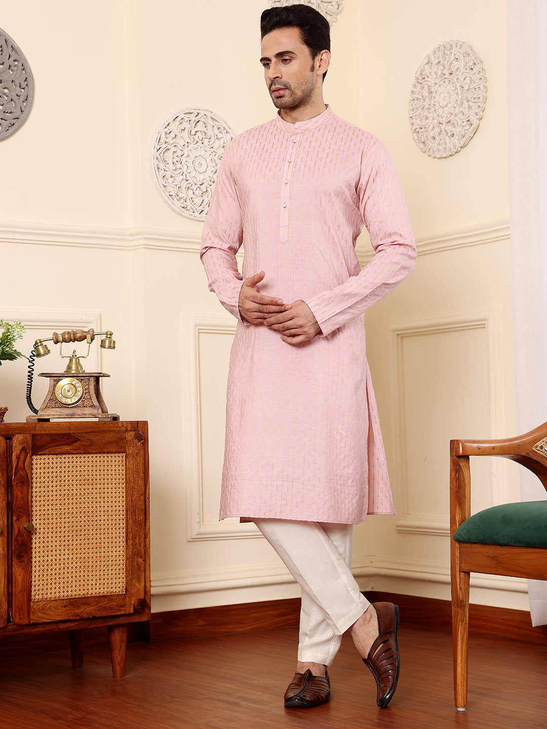 Men's Long Sleeve Mandarin Collar Pink Straight Viscose Silk Kurta with Embroidered Neckline and Motifs | SHOBITAM