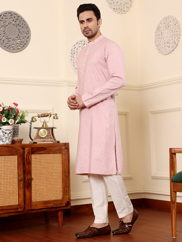Men's Long Sleeve Mandarin Collar Pink Straight Viscose Silk Kurta with Embroidered Neckline and Motifs | SHOBITAM