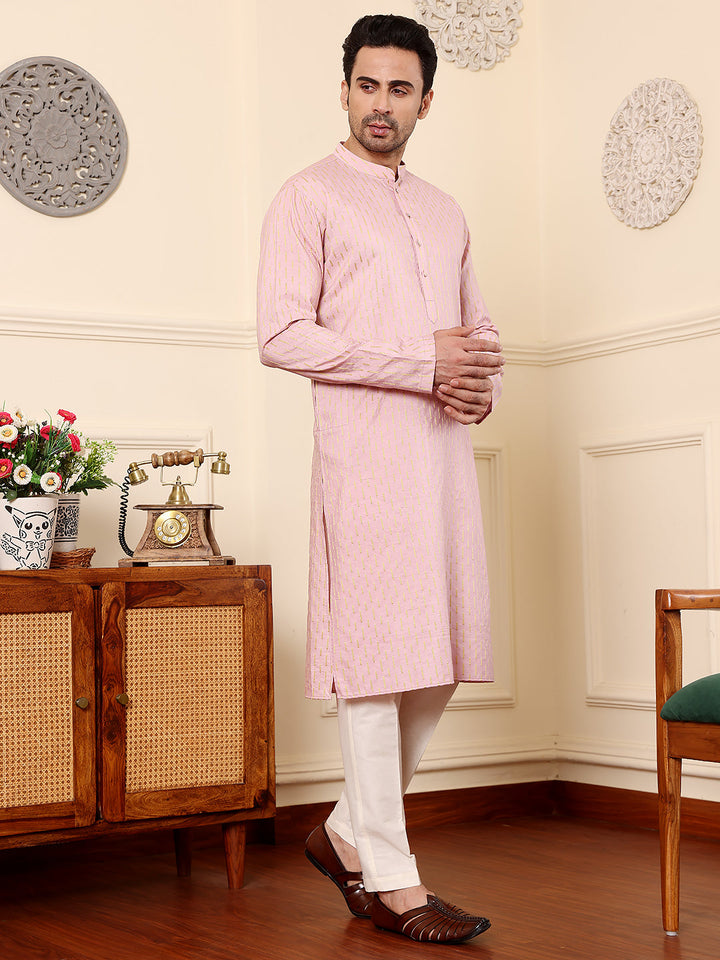 Men's Long Sleeve Mandarin Collar Pink Straight Viscose Silk Kurta with Embroidered Neckline and Motifs | SHOBITAM