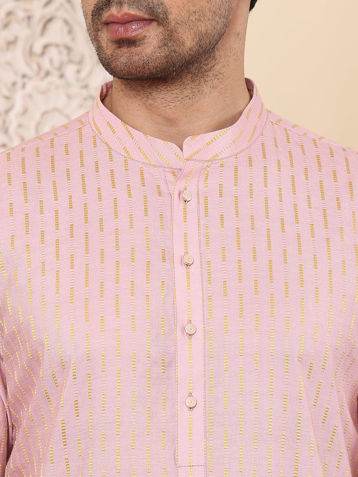 Men's Long Sleeve Mandarin Collar Pink Straight Viscose Silk Kurta with Embroidered Neckline and Motifs | SHOBITAM