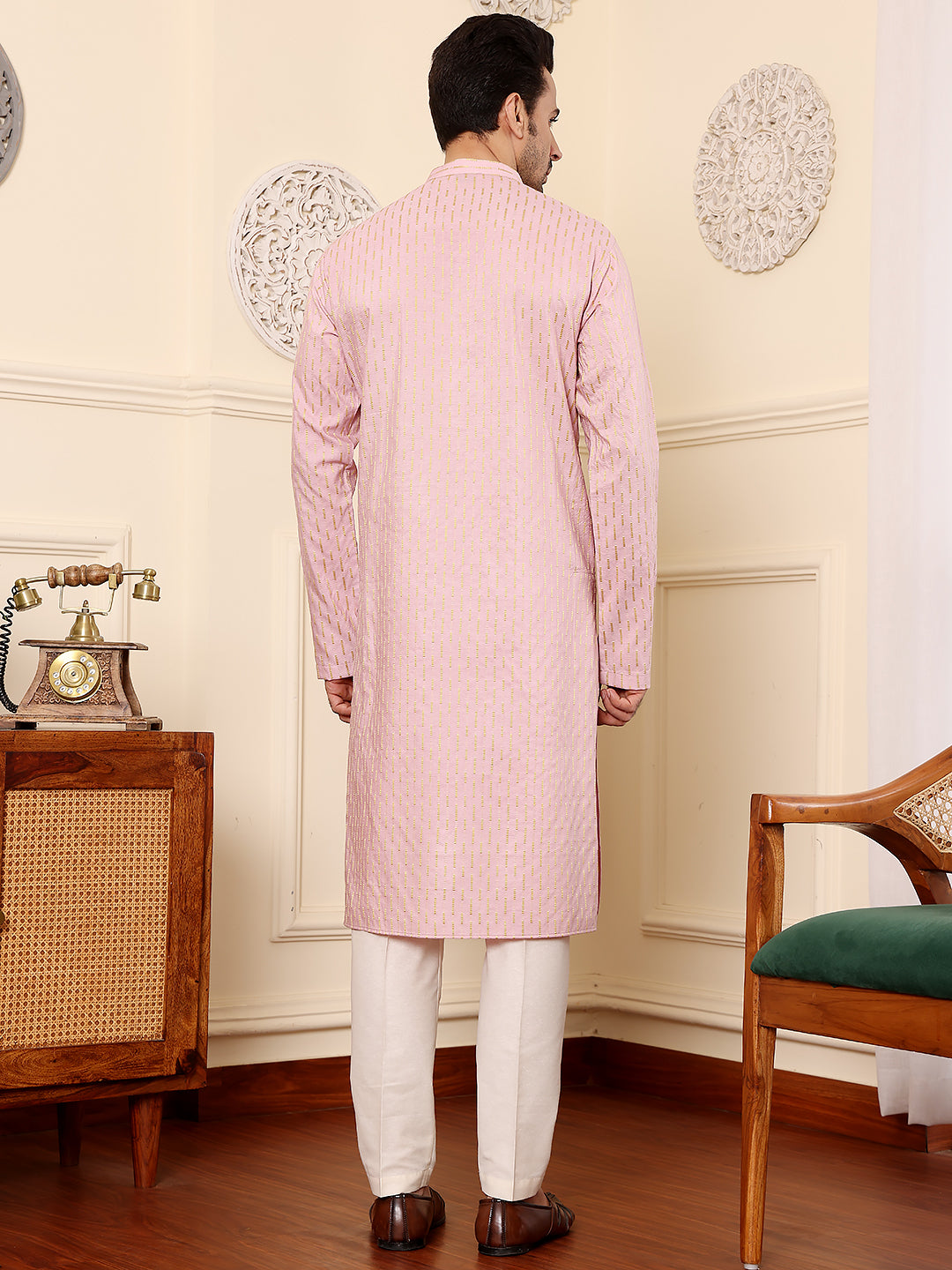 Men's Long Sleeve Mandarin Collar Pink Straight Viscose Silk Kurta with Embroidered Neckline and Motifs | SHOBITAM