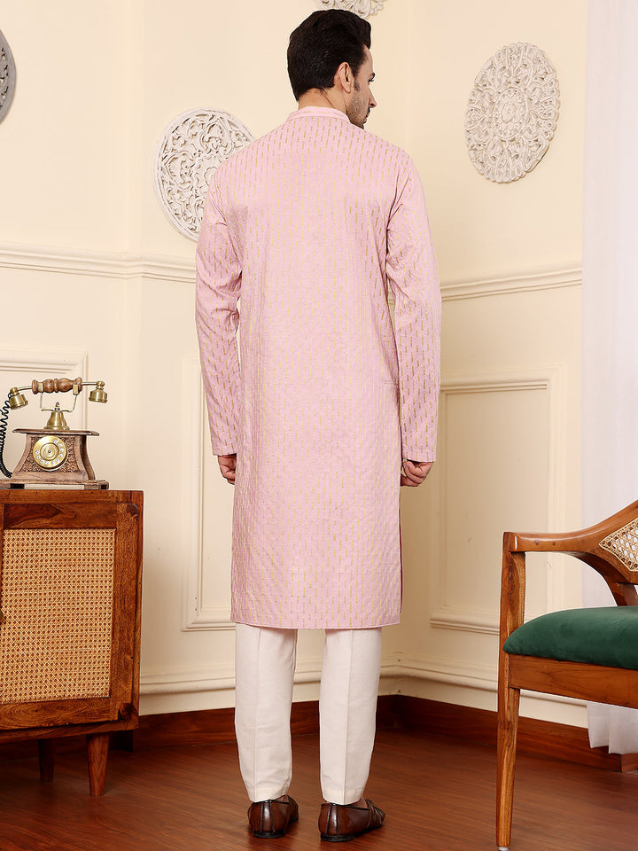 Men's Long Sleeve Mandarin Collar Pink Straight Viscose Silk Kurta with Embroidered Neckline and Motifs | SHOBITAM