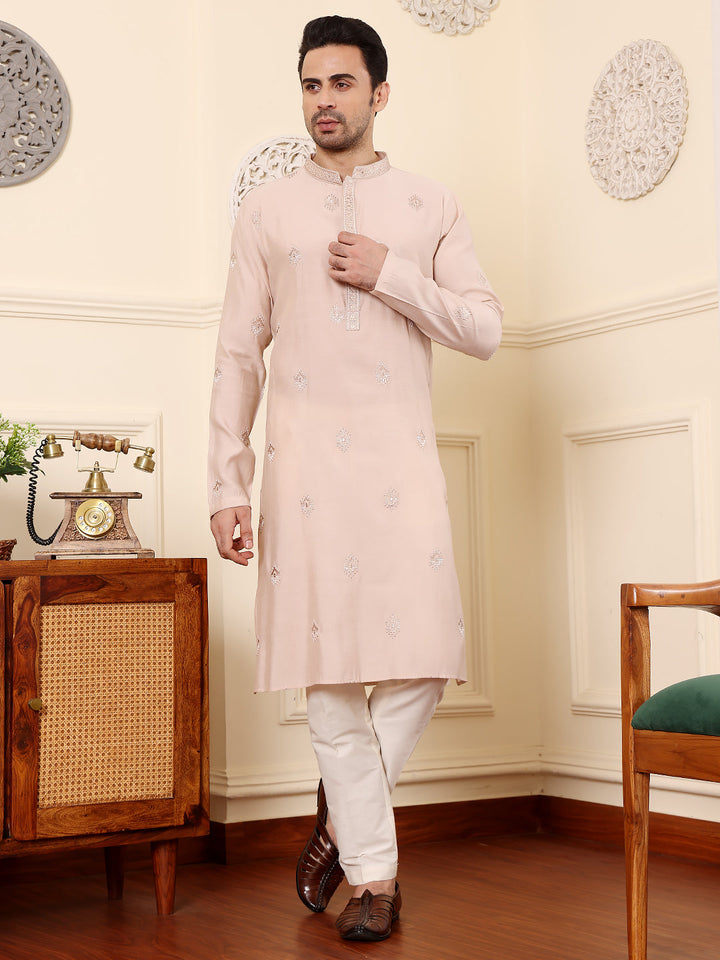 Men's Long Sleeve Mandarin Collar Peach Straight Viscose Silk Kurta with Embroidered Neckline and Motifs | SHOBITAM