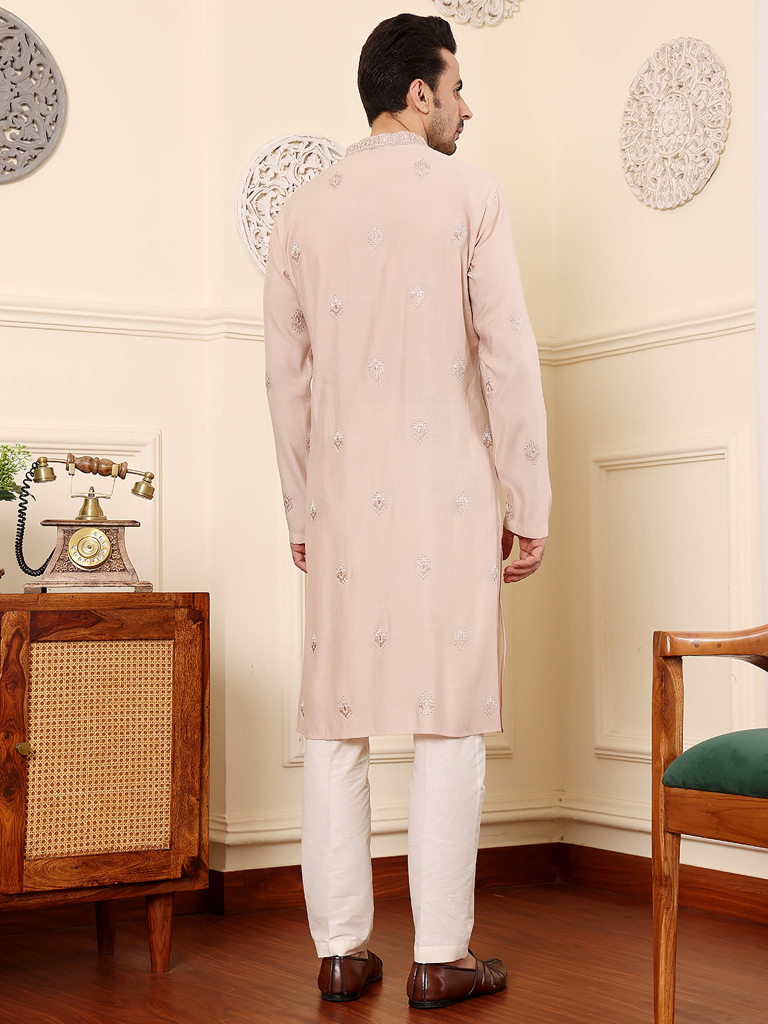 Men's Long Sleeve Mandarin Collar Peach Straight Viscose Silk Kurta with Embroidered Neckline and Motifs | SHOBITAM