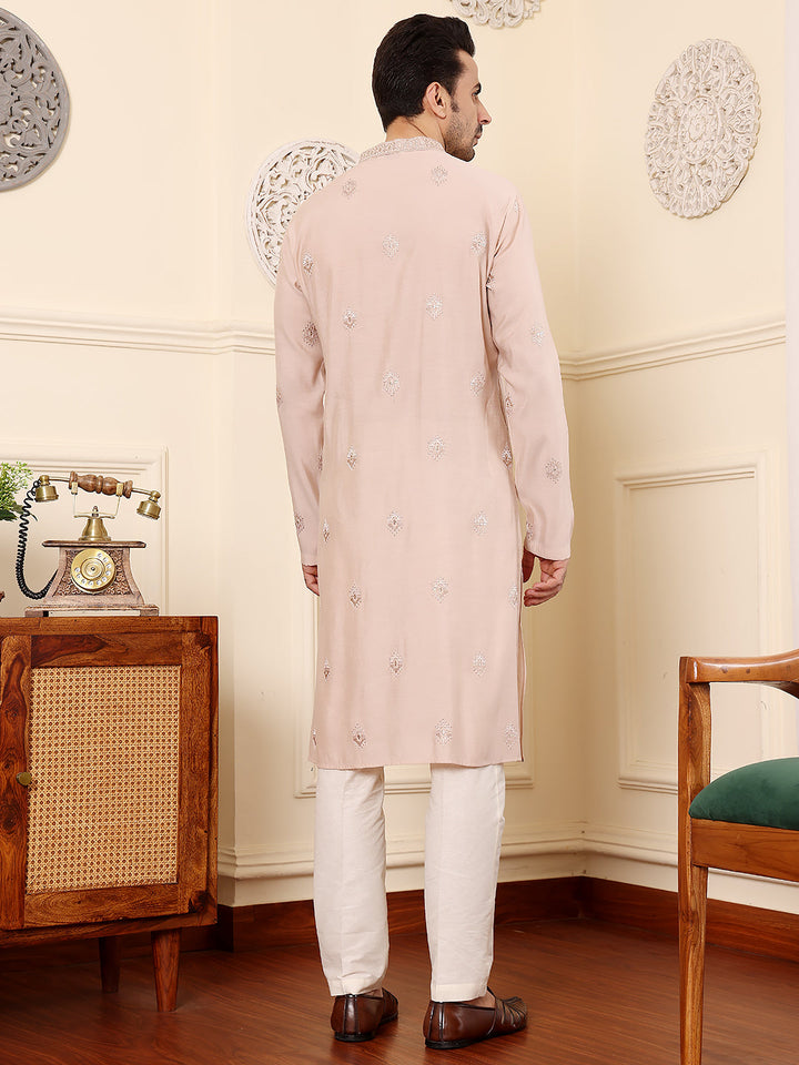 Men's Long Sleeve Mandarin Collar Peach Straight Viscose Silk Kurta with Embroidered Neckline and Motifs | SHOBITAM