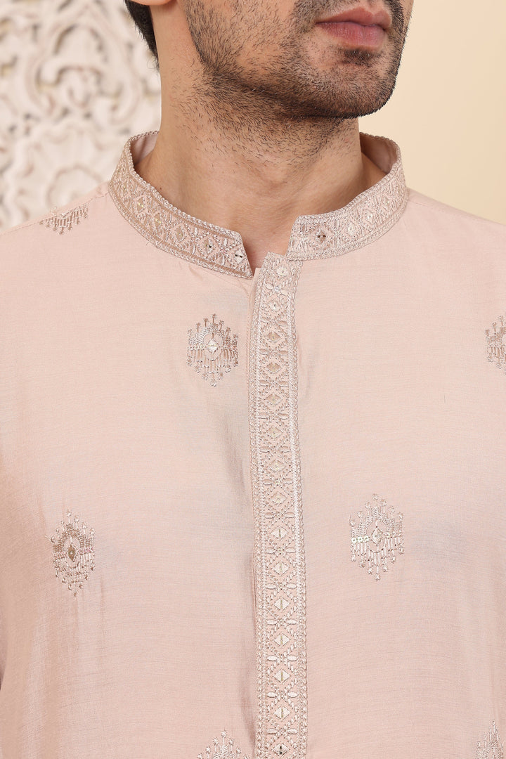 Men's Long Sleeve Mandarin Collar Peach Straight Viscose Silk Kurta with Embroidered Neckline and Motifs | SHOBITAM
