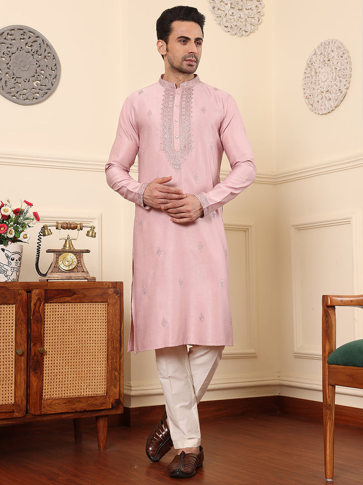 Men's Long Sleeve Mandarin Collar Pink Straight Viscose Silk Kurta with Embroidered Neckline and Motifs | SHOBITAM