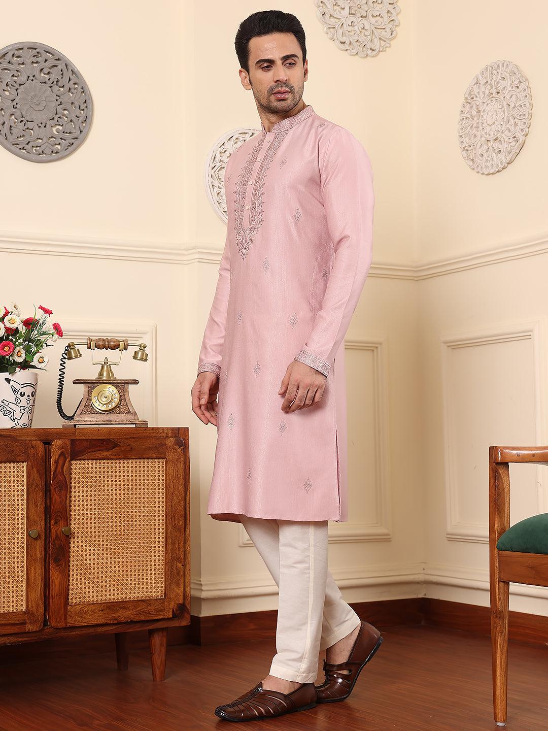 Men's Long Sleeve Mandarin Collar Pink Straight Viscose Silk Kurta with Embroidered Neckline and Motifs | SHOBITAM