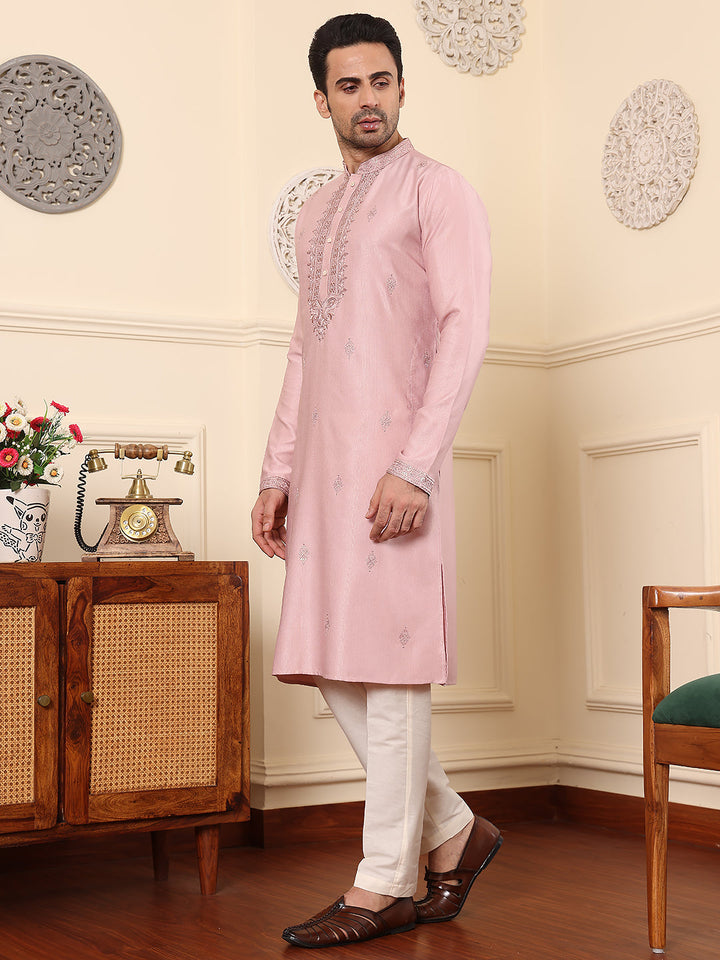 Men's Long Sleeve Mandarin Collar Pink Straight Viscose Silk Kurta with Embroidered Neckline and Motifs | SHOBITAM
