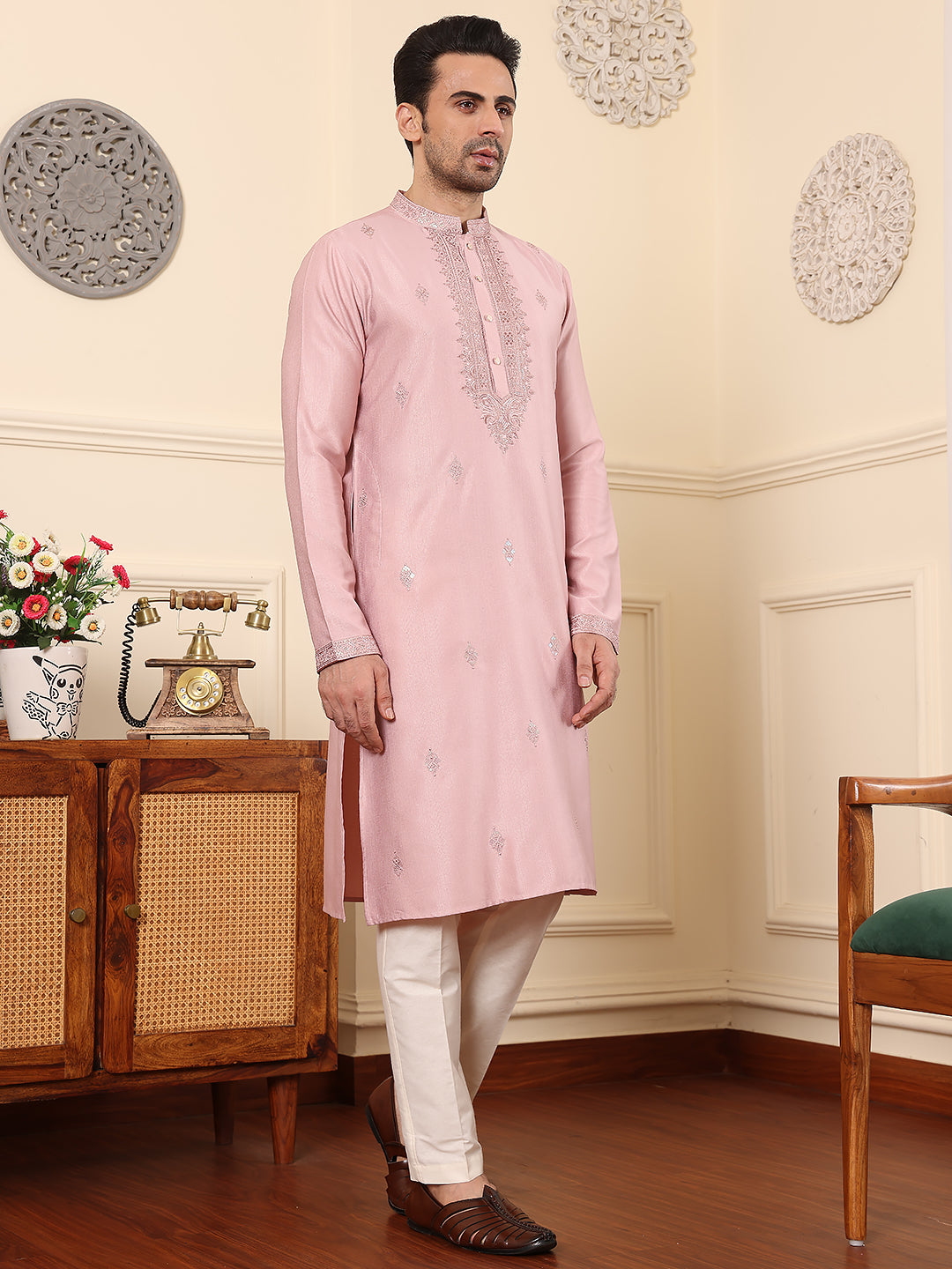 Men's Long Sleeve Mandarin Collar Pink Straight Viscose Silk Kurta with Embroidered Neckline and Motifs | SHOBITAM