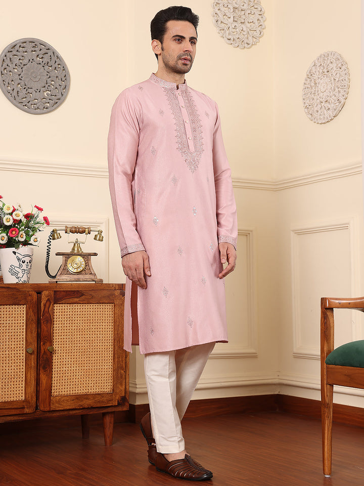 Men's Long Sleeve Mandarin Collar Pink Straight Viscose Silk Kurta with Embroidered Neckline and Motifs | SHOBITAM
