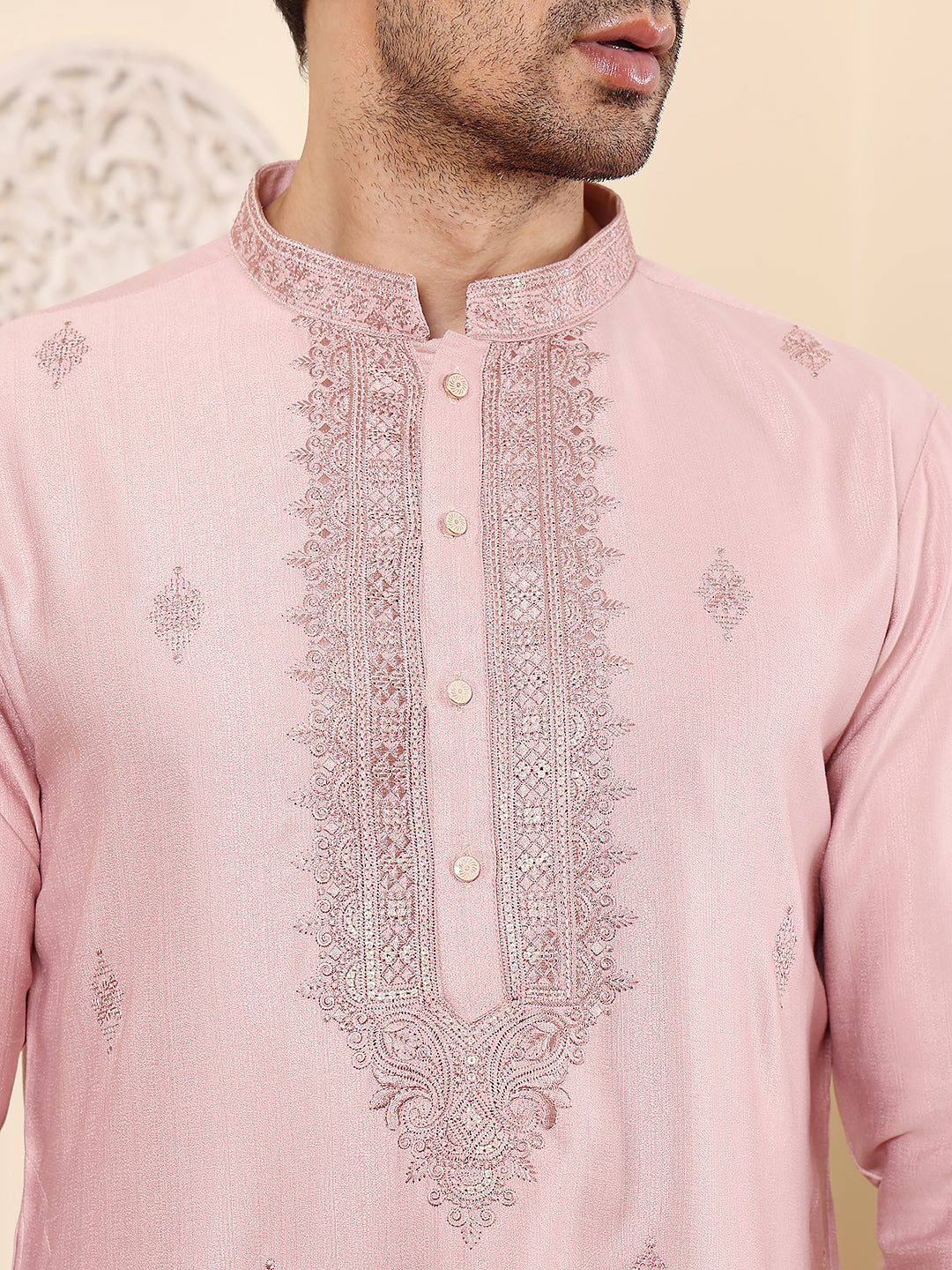 Men's Long Sleeve Mandarin Collar Pink Straight Viscose Silk Kurta with Embroidered Neckline and Motifs | SHOBITAM