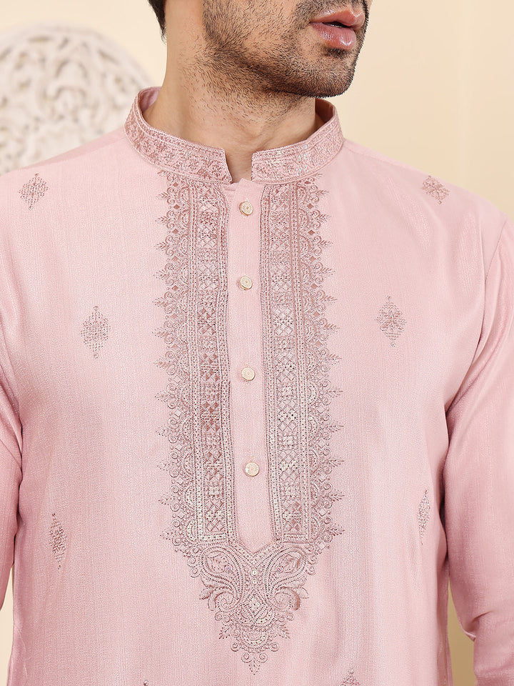 Men's Long Sleeve Mandarin Collar Pink Straight Viscose Silk Kurta with Embroidered Neckline and Motifs | SHOBITAM