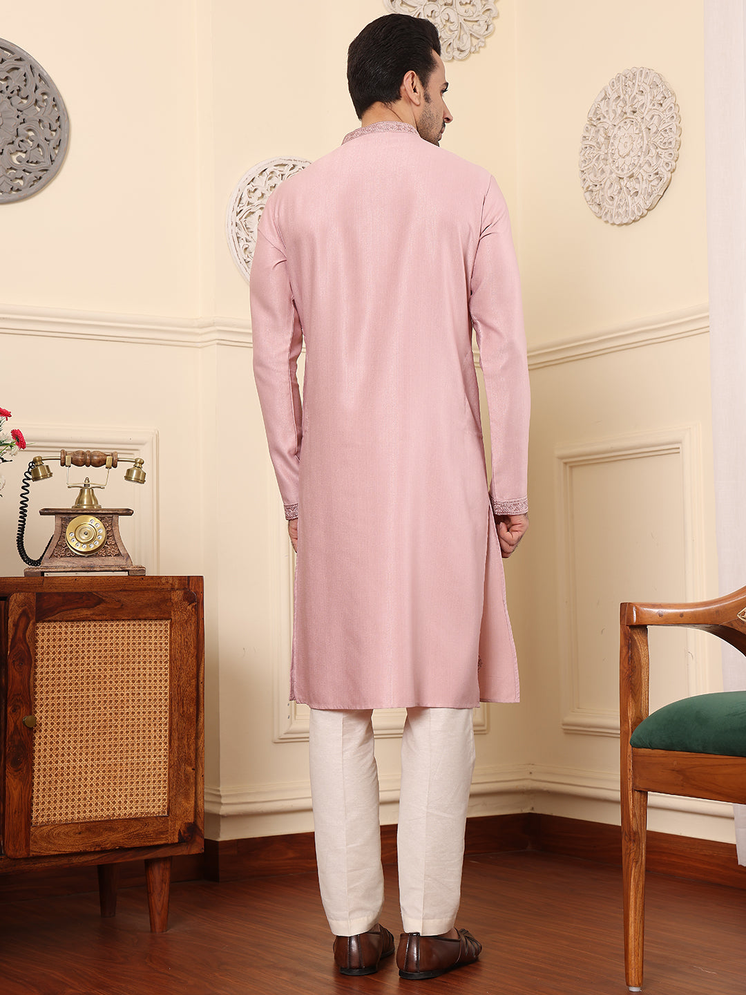 Men's Long Sleeve Mandarin Collar Pink Straight Viscose Silk Kurta with Embroidered Neckline and Motifs | SHOBITAM