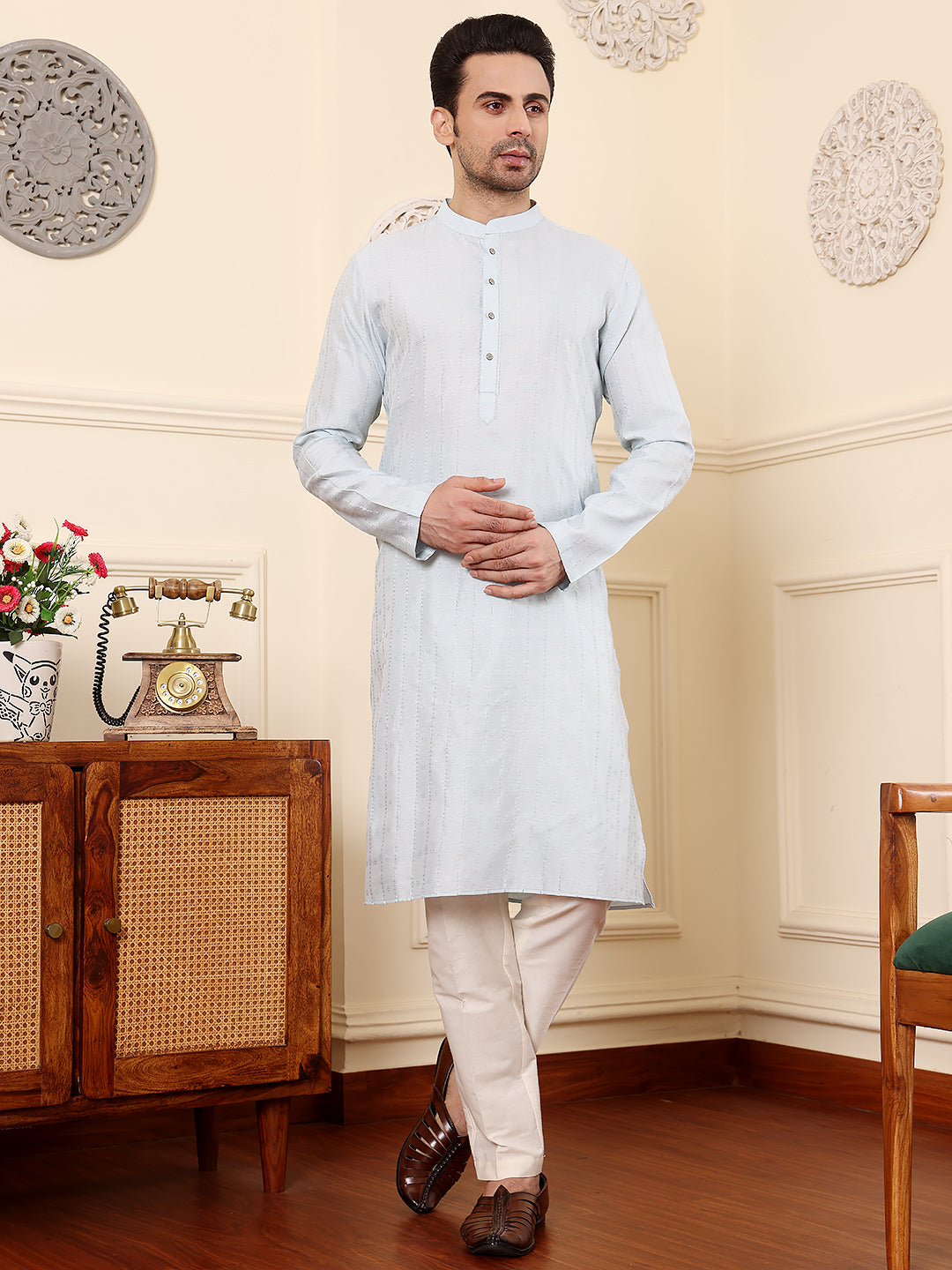 Men's Long Sleeve Mandarin Collar Light Blue Rayon Silk Straight Viscose Silk kurta with Textured Effect | SHOBITAM