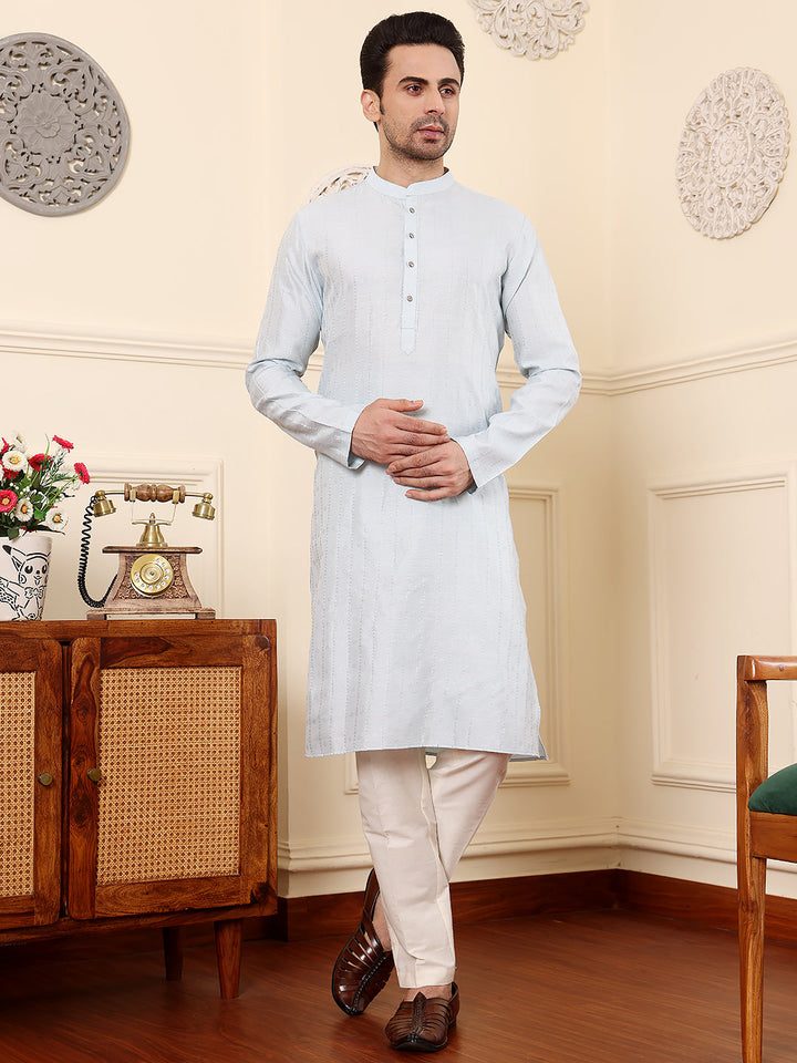 Men's Long Sleeve Mandarin Collar Light Blue Rayon Silk Straight Viscose Silk kurta with Textured Effect | SHOBITAM