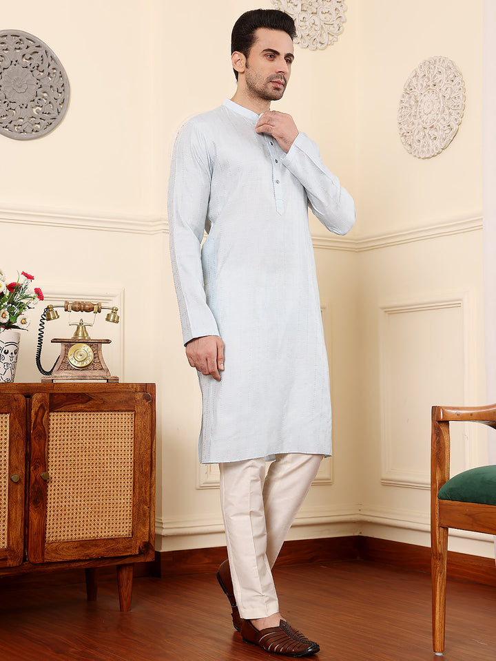 Men's Long Sleeve Mandarin Collar Light Blue Rayon Silk Straight Viscose Silk kurta with Textured Effect | SHOBITAM