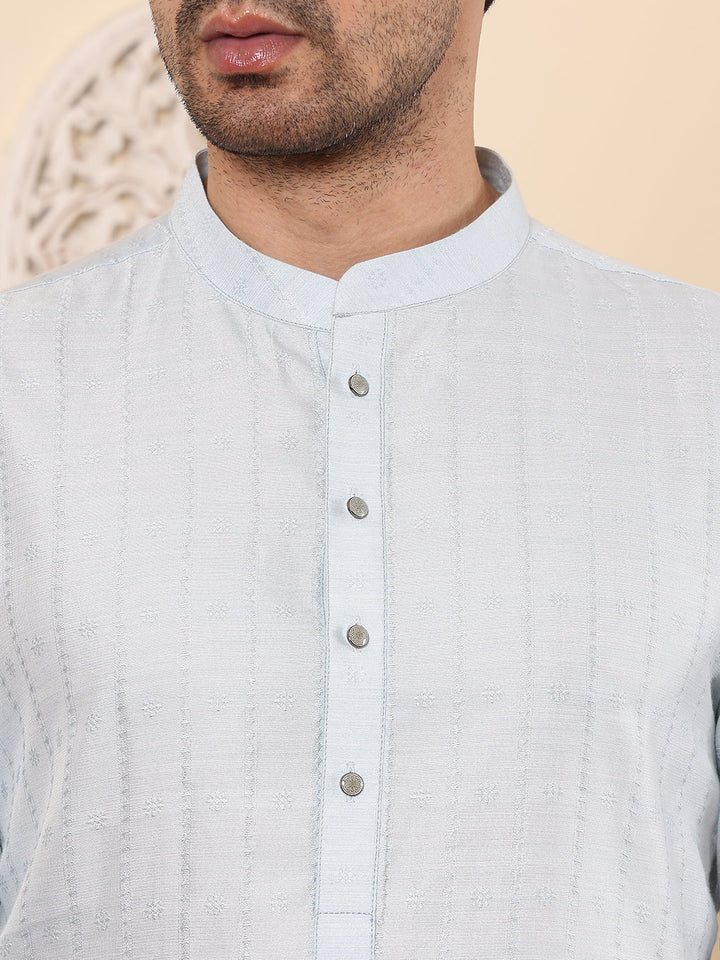 Men's Long Sleeve Mandarin Collar Light Blue Rayon Silk Straight Viscose Silk kurta with Textured Effect | SHOBITAM