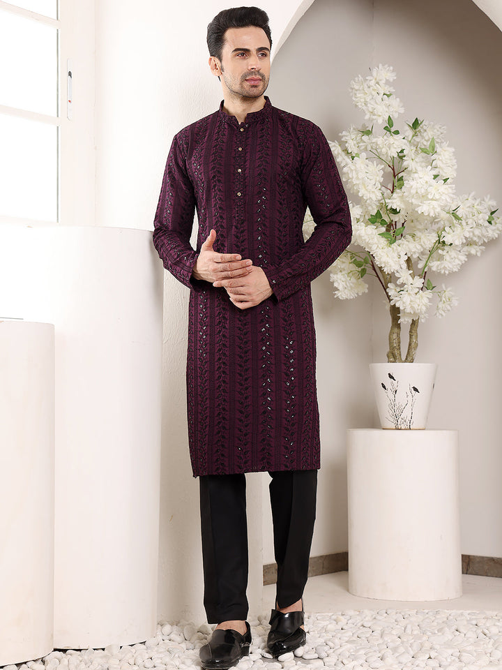 Men's Long Sleeve Mandarin Collar Purple Straight Viscose Silk Kurta with Embroidered Neckline and Motifs | SHOBITAM