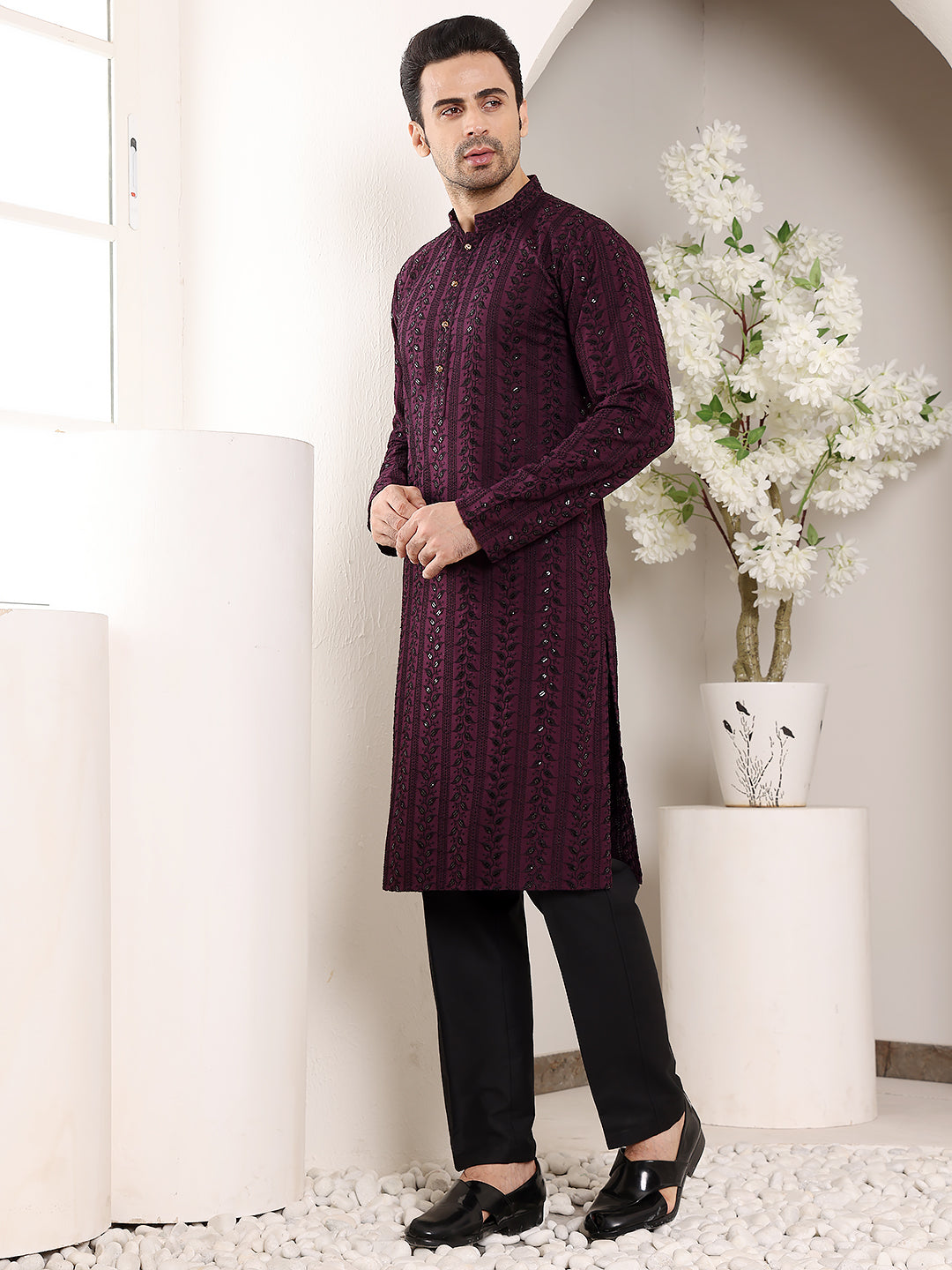 Men's Long Sleeve Mandarin Collar Purple Straight Viscose Silk Kurta with Embroidered Neckline and Motifs | SHOBITAM