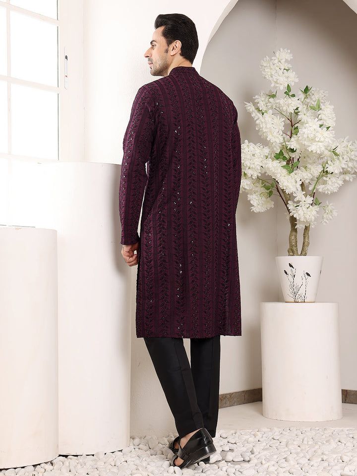 Men's Long Sleeve Mandarin Collar Purple Straight Viscose Silk Kurta with Embroidered Neckline and Motifs | SHOBITAM
