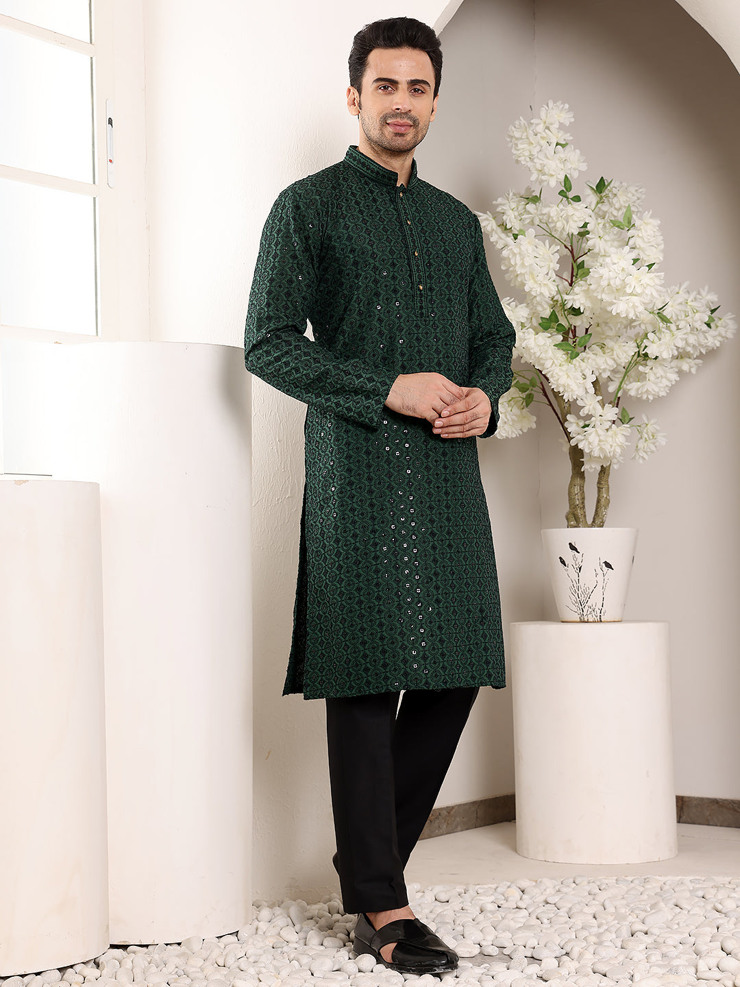 Men's Long Sleeve Mandarin Collar Dark Green Straight Viscose Silk Kurta with Embroidered Neckline and Motifs | SHOBITAM