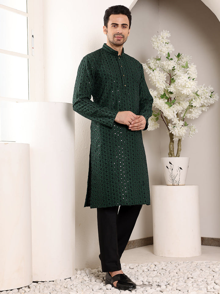 Men's Long Sleeve Mandarin Collar Dark Green Straight Viscose Silk Kurta with Embroidered Neckline and Motifs | SHOBITAM