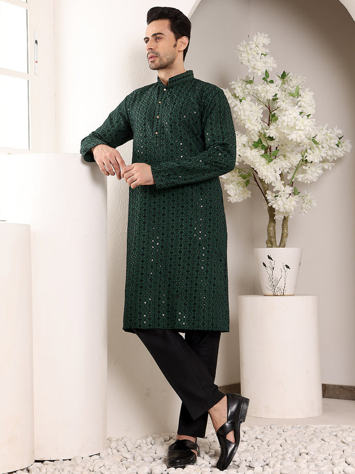 Men's Long Sleeve Mandarin Collar Dark Green Straight Viscose Silk Kurta with Embroidered Neckline and Motifs | SHOBITAM