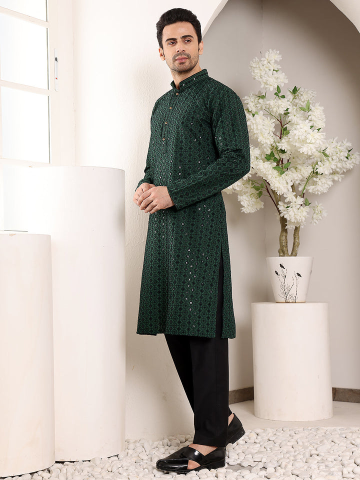 Men's Long Sleeve Mandarin Collar Dark Green Straight Viscose Silk Kurta with Embroidered Neckline and Motifs | SHOBITAM